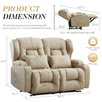 Loveseat Recliner Sofa,RV Wall Hugger Recliners for Small Spaces,Reclining Loveseat Sofa Recliner with Cup Holders/Lumbar Pillows,RV Furniture (Beige, 56" 2-Seater) - color: Beige, size: 56" 2-Seater