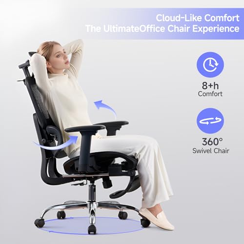 Office Chair with Footrest, Ergonomic Chair with 3D Headrest, Computer Chair with Adjustable Backrest & 3D Armrest, Gaming Chair with Adaptive Lumbar Support, Mesh Backrest & Cushion, Black - color: Black, style: Lite
