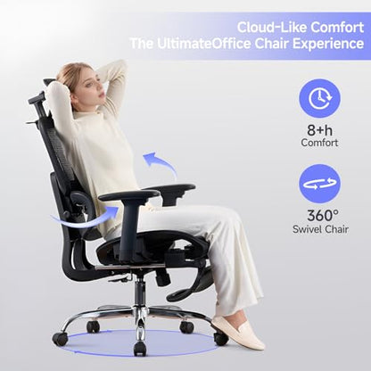 Office Chair with Footrest, Ergonomic Chair with 3D Headrest, Computer Chair with Adjustable Backrest & 3D Armrest, Gaming Chair with Adaptive Lumbar Support, Mesh Backrest & Cushion, Black - color: Black, style: Lite
