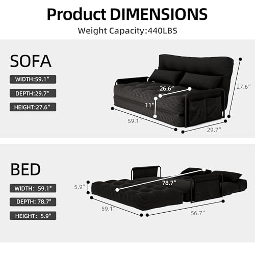 4-in-1 Folding Sofa Bed,Convertible Sofa Bed with Pillow Foldable Mattress and Back Support,Convertible Modular Sofa with Double Side Pockets for Living Room/Bedroom,Double(Black) - color: Black, size: Full