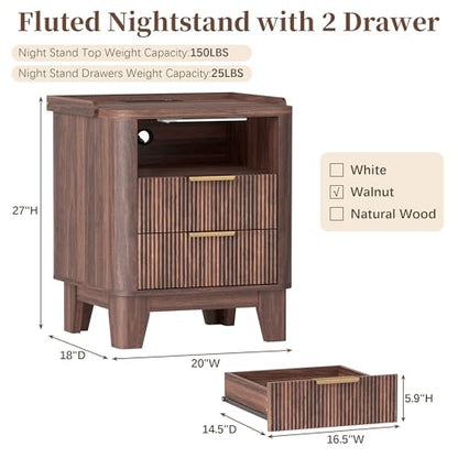 Baoz Walnut Fluted Nightstand with Charging Station & 2 Wooden Drawers | 20" Wide Mid Century Modern Bedside Table Wood Curved Profile Design 27in Tall LED Night Stand - color: Walnut, size: 2 Drawers