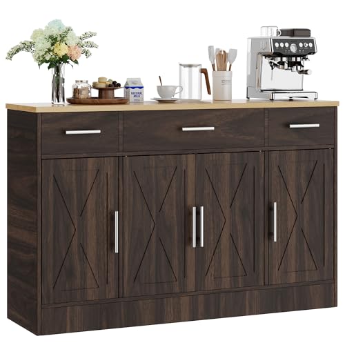 Shintenchi Buffet Cabinet with Storage,53.4" Large Kitchen Storage Cabinet with 3 Drawers and 4 Doors,Wood Farmhouse Buffet Sideboard with Adjustable Shelf for Kitchen Living Room, Brown - color: Deep Brown