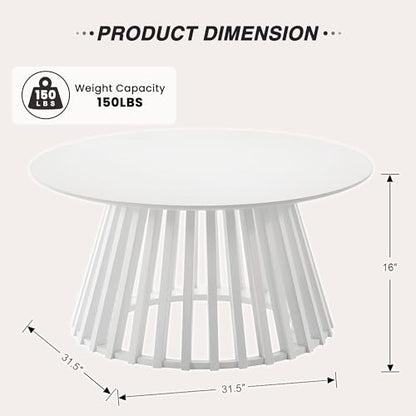HNY White Round Coffee Table, Wood 31.5" Center Table for Living Room | Modern Mid Century Circle Coffee Table with Fluted Base for Outdoor Patio, Home Small Space, Bedroom, Apartment, Studio - color: White