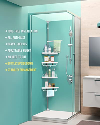 ADOVEL 4 Layer Corner Shower Caddy, Adjustable Shower Shelf, Constant Tension Stainless Steel Pole Organizer, Rustproof 3.3 to 9.8ft - color: White