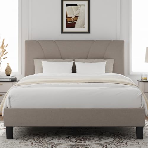 Novilla King Size Bed Frame with Adjustable Headboard Platform King Bed Frame Linen Fabric Upholstered Headboard, No Box Spring Needed, Noise-Free, Wooden Slats Support, Easy Assembly, Beige - color: Beige, size: King