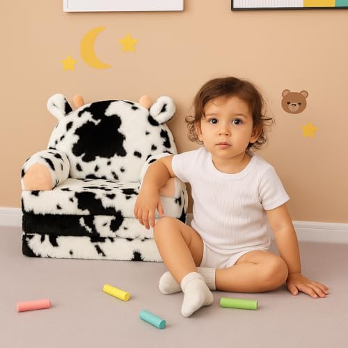 QIUODO Comfy Toddler Couch Chair, 2-in-1 Foldable Kids Sofa | Fold Out Toddler Couch with Faux Rabbit Fur, Soft Kids Sofa for Reading, Bedroom or Playroom Use, Ages 1-3（Cow）