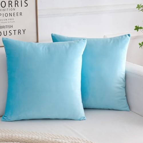 Velvet Decorative Throw Pillow Covers, Soft Square Cushion Case Home Decor for Living Room Couch Bed Sofa, Set of 2 Pack, Light Blue, 18x18 Inch - color: Light Blue, size: 18" x 18" (Pack of 2)