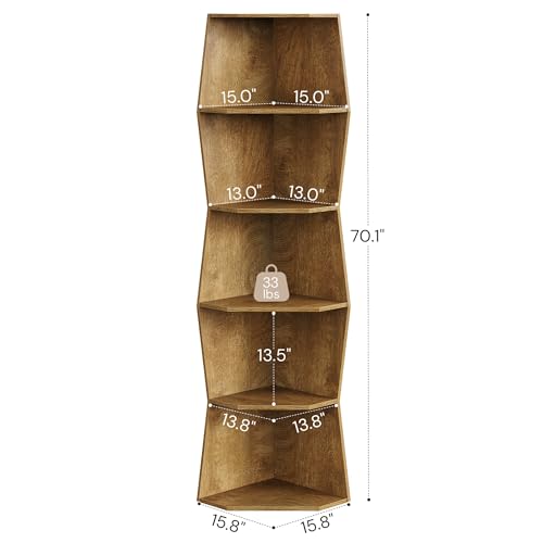 6-Tier Wavy Corner Shelf, Wooden Tall Corner Bookshelf, Brown | 70'' Narrow Corner Shelves, Modern Irregular Corner Bookcase for Living Room, Bedroom, Anti-tip Kit, 33lbs/Shelf - color: Light Oak