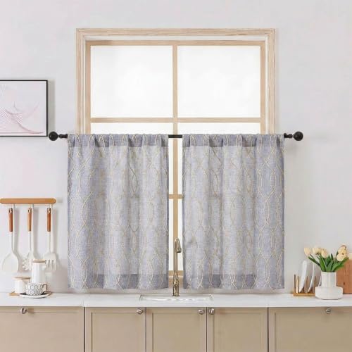 Chyhomenyc Short Curtains Tiers 24 Inch Length, 2 Packs | Light Filtering Faux Linen Half Window Cafe Curtains for Bathroom Laundry, Each 26Wx24L, Gray with Beige 3D Wave Line - color: Gray With Beige, size: 26"W x 24"L (Pack of 2)