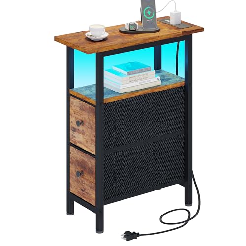 TRIFEBLE End Table with Charging Station, Narrow Side Table with 2 Fabric Drawers, Skinny Nightstand with LED Light, Slim Bedside Table for Bedroom, Living Room, Small Spaces, Rustic Brown