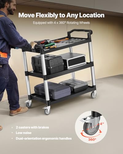 VEVOR Utility Cart, 330 lbs Load Capacity, 3-Tier Utility Plastic Cart with 360° Swivel Wheels (2 with Brakes), 31.1 x 19.3-inch Food Service Cart for Warehouse, Office, Home, Restaurant, Kitchen - style: 3 Tier-330LBS
