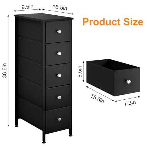 Fixwal Narrow Storage Cabinet, Slim Dresser with 5 Fabric Drawers, Black | 9.5in width, sturdy & stable structure, solid steel frame, wooden top, suitable for bedroom, bathroom & laundry room - color: Black, size: 16.5"D x 9.5"W x 36.6"H (5 Drawers)