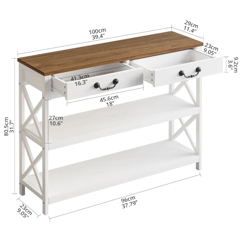 IRONCK 39.4" Farmhouse Console Table with Storage, White/Walnut | Narrow Entryway Table with 2 Drawers & 2 Shelves, Industrial Wood Sofa Table for Living Room/Hallway - size: 39.4inch