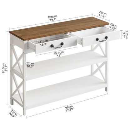 IRONCK 39.4" Farmhouse Console Table with Storage, White/Walnut | Narrow Entryway Table with 2 Drawers & 2 Shelves, Industrial Wood Sofa Table for Living Room/Hallway - size: 39.4inch