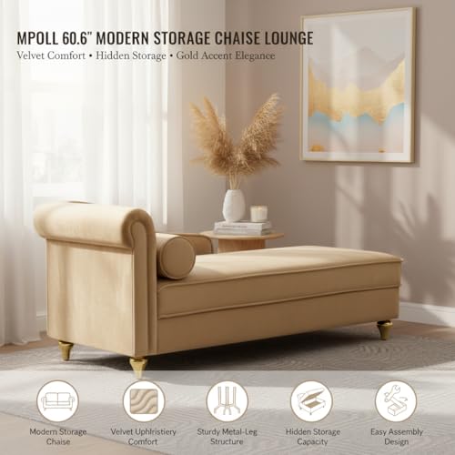 60.6" Modern Storage Chaise Lounge Indoor,Velvet Upholstery Sofa Chair with1 Toss Pillows,Upholstery Lounge Sofa with Gold Metal Legs for Small Apartment,Living Room,Office,Reception Area,Khaki - color: Khaki