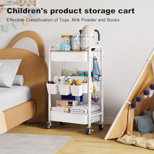 3 Tier Rolling Cart with Wood Table Top, White Bedside Cart on Lockable Wheels, Metal Utility Storage Organizer Carts for Kitchen, Art, Craft, Nail, Salon, Lash, Nursery, Bathroom, Baby Diaper Caddy - color: White
