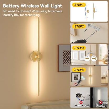 Battery Operated Wall Sconces Set of 2, 8000mAh Wireless Rechargeable 3000-6000K Dimmable 350° Rotate Wall Light with Remote for Living Room, Bedroom 31.6in Gold - color: Gold, size: 31.6in-Round Base