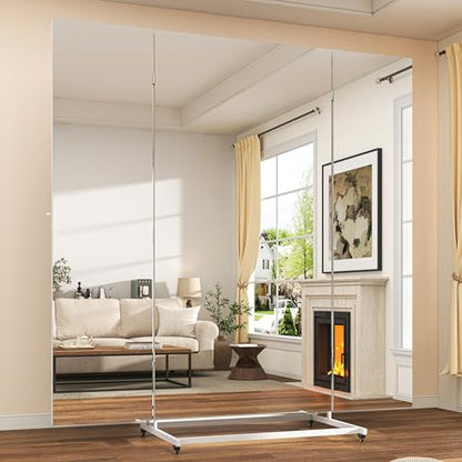 Hasipu 79"×79" Large Tri-Fold Full Length Rolling Mirror | Tempered Glass Movable Home Gym Mirror on Wheels with Stand for Gym, Dance Studio, Fitness Room, and Home - size: 78"L x 78"W