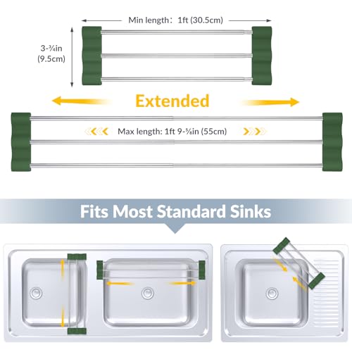 Tomorotec Adjustable Over-The-Sink Kitchen Rack, BPA-Free, Army Green | Holds 16.5 Lbs; For Dishcloths, Sponges, and Brushes - Heat-Resistant Stainless Steel with Slim, Expandable Design - color: Army Green