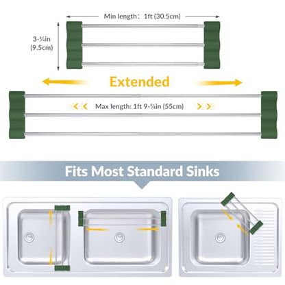 Tomorotec Adjustable Over-The-Sink Kitchen Rack, BPA-Free, Army Green | Holds 16.5 Lbs; For Dishcloths, Sponges, and Brushes - Heat-Resistant Stainless Steel with Slim, Expandable Design - color: Army Green