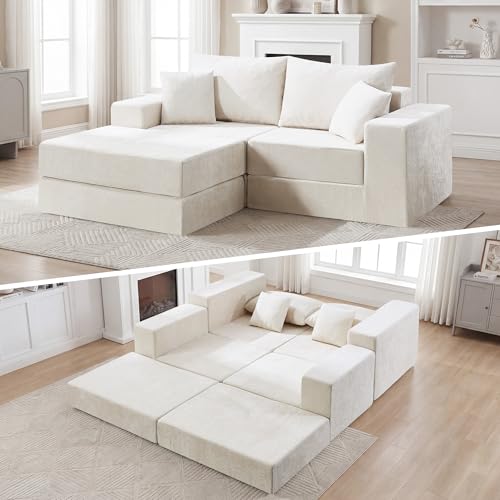 79" Boneless Modular Cloud Loveseat Sofa with 2 Ottomans – Convertible L-Shaped Memory Foam Sleeper Sofa Bed, Sectional Love Seat Couches for Living Room & Apartment, No Assembly Required,Beige - color: Beige, size: 79" Boneless Loveseat