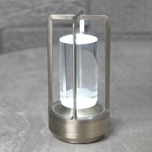 Rechargeable Crystal Table Lamp, 3-Color Touch LED, Silver | Silver metal crystal lantern, 3-color touch dimming, USB-C rechargeable, compact 7.1 in accent light for patio table - style: silvery-1