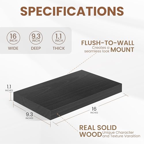 Fun Memories 9 Inch Deep Black Floating Shelves, Farmhouse Rustic Natural Wood Floating Shelf Wall Mounted, 16 x 9 Wall Shelves Set of 2, Deep Black Bathroom Shelves - color: Black, size: 16"W x 9.3"D
