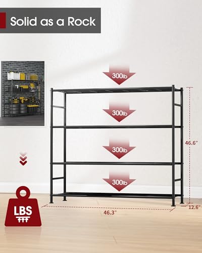 Sakugi Storage Shelves - 4 Tier Shelf Organizer, Heavy Duty Garage Shelving Unit with Leveling Feet, Stable Metal Shelves Organizer for Pantry, Kitchen and Closet, 46.3" W x 12.6" D x 46.6" H, Black - color: Black, size: 46.3W×12.6D×46.6H(4T)