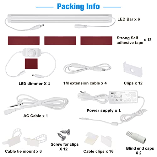 Kitchen Under Cabinet LED Lighting Kit, Super Bright, 6 PCS 12 Inches Light Bars, Plug-in or Hardwire Power Adapter, 31W 2000 Lumen, for Cabinet Counter Shelf Workbench (Daylight White 5000K) - color: White Cable-Daylight White 5000K