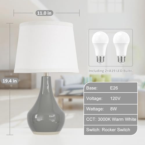 Seealle Modern Ceramic Table Lamps for Night Stands - Bedside Lamps Set of 2 for Nightstand, 19.4" Grey Bedroom Lamp for Living Room Cute Desk End Table Office Guest Room Dresser Rocker Swtich - color: E. Grey