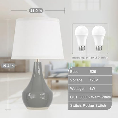 Seealle Modern Ceramic Table Lamps for Night Stands - Bedside Lamps Set of 2 for Nightstand, 19.4" Grey Bedroom Lamp for Living Room Cute Desk End Table Office Guest Room Dresser Rocker Swtich - color: E. Grey