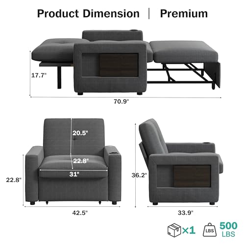Sunny Heart 42.5" W Oversized Sleeper Chair Bed, 3-in-1 Convertible Reclining Sofa Chair with Pull Out Couch Bed, Adjustable Backrest, Side Pockets, Cup Holder, USB Ports & Table, Premium Dark Grey - color: Dark Grey, size: 42.5 inch