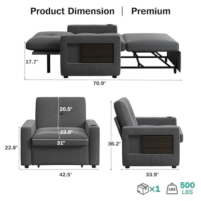 Sunny Heart 42.5" W Oversized Sleeper Chair Bed, 3-in-1 Convertible Reclining Sofa Chair with Pull Out Couch Bed, Adjustable Backrest, Side Pockets, Cup Holder, USB Ports & Table, Premium Dark Grey - color: Dark Grey, size: 42.5 inch