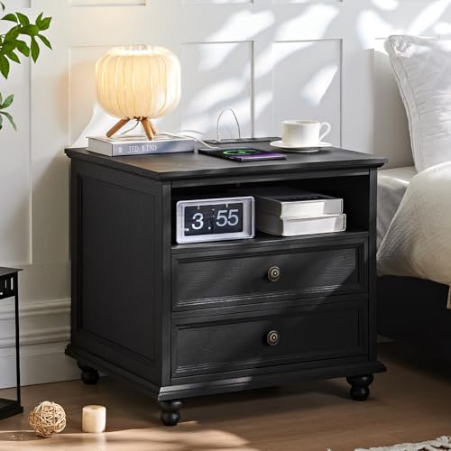 Joaxswe 24" Wide Farmhouse Nightstand with Charging Station, End Table with 2 Drawers, Black Wood Dresser for Bedroom Cabinet, Bed Side Table Chest of Drawers, Night Stand for Living Room, Closet - color: Black, size: 24"W (2 Drawers)
