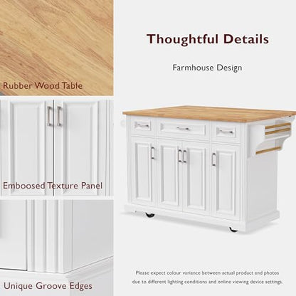 54inch Large Kitchen Island With Rubber Wood Drop Leaf,Embossed Texture Rolling Kitchen Cart On 4 Wheels With 4 Doors And 3 Drawers,Kitchen Island With Storage For Kitchen,Dining Room (White-0t) - color: White-0t)