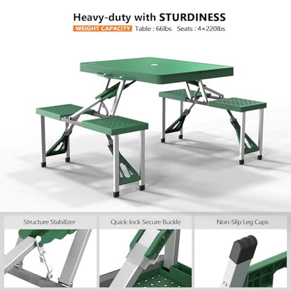VINGLI 4 Ft Portable Folding Picnic Table Camping Table Foldable Set with 4 Seats with Umbrella Hole Suitcase Card Table-220 Lbs Support Aluminum Frame, Plastic RV Tabletop for Yard, Travel - color: Green