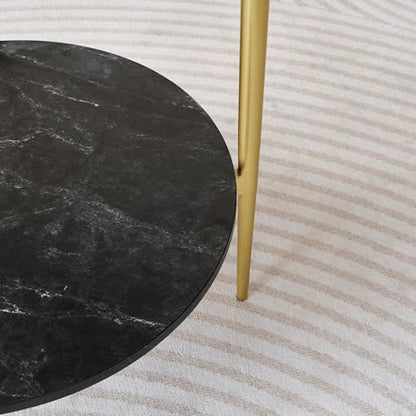LumFurn D18in Round Glass End Table, Mid-Century Modern Side Table for Living Room, D18xH23inch, Grey Glass and Black Marble MDF Wood, Conical Legs with Gold Finish Frame - color: D18" Grey & Black Marble