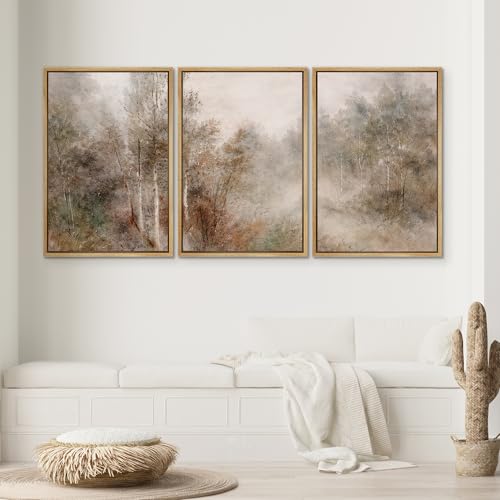 SIGNWIN Framed Wall Art Print Set Vintage Misty Forest Watercolor Illustrations Modern Art Chic Multicolor for Living Room, Bedroom, Office - 16"x24"x3 Natural - color: A26-2601-LL12, size: 16"x24"x3 Panels Natural