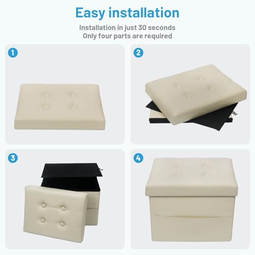 Bsketa Storage Ottoman Bench,17 Inch Folding Leather Foot Rest Stool, Beige | Small Ottoman with Side Pockets, Thicker Foam Padded Seat, Livingroom, Dorm, Bedroom, Easy to install, 43L,17x13x13in - color: Beige-with Side Pockets..
