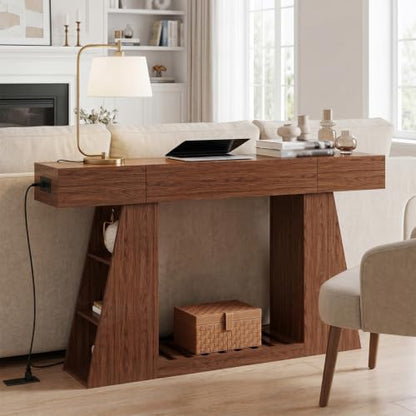 Console Table with Built-in Power Outlet, 60 Inch Narrow Farmhouse Sofa Table Behind Couch, Entryway Foyer Table with Side Storage Compartment & Slatted Bottom Shelf ，2PCS - color: 2pcs