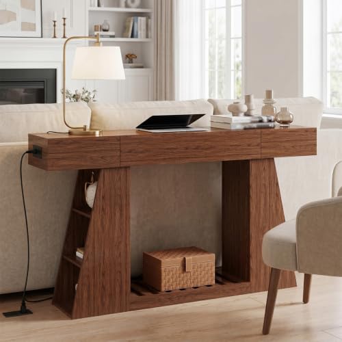 Console Table with Built-in Power Outlet, 60 Inch Narrow Farmhouse Sofa Table Behind Couch, Entryway Foyer Table with Side Storage Compartment & Slatted Bottom Shelf ，2PCS - color: 2pcs