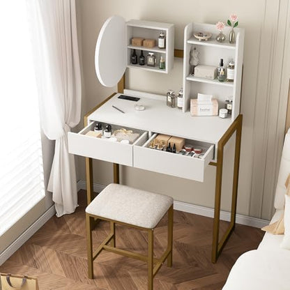 Small Vanity Desk with Mirror and Lights, Makeup Vanity Table with LED Mirror, 3 Lighting Modes, Power Outlet, Drawer, Open Shelves and Cushioned Stool for Bedroom (Gold) - color: Gold