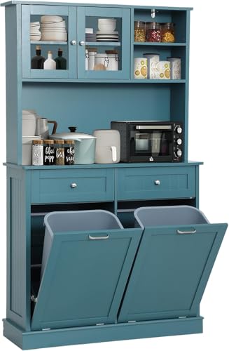 LOUVIXA 68.4" Kitchen Pantry Storage Cabinet, Freestanding Cupboard with Shelf, 2 Drawers and 2 Tilt Out Trash Cabinet, Tall Cabinets for Kitchen, Dinning Room, Living Room (Deep Teal, Double Tilt) - color: Deep Teal