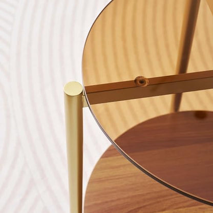LumFurn D18in Round Glass End Table, Mid-Century Modern Design Side Table for Living Room, D18xH23inch, Amber Glass and Walnut MDF Wood, Conical Legs with Gold Finish Frame - color: D18" Amber & Walnut