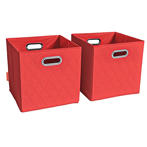 FH Group JIAessentials 12" Faux Leather Foldable Storage Cube Bins Set of 2 – Red Diamond Patterned Organizers with Handles for Closet & Shelves - color: Red, size: Medium