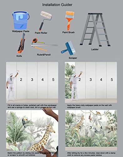 Reyhui Kids Wallpaper Tropical Leves and Safari Animals | 108"x75" Not Peel and Stick Wall Mural for Wall Bedroom Living Room TV Background Sofa Wall - color: MURAL-013, size: 108" x 75"