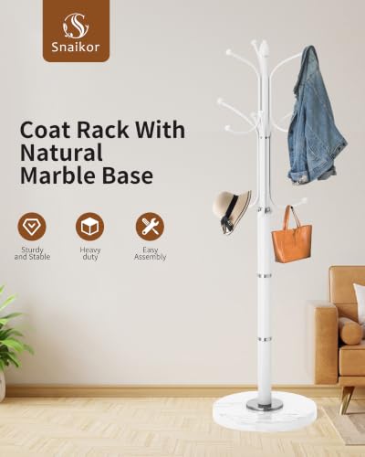 Snaikor Metal Coat Rack Freestanding, Sturdy Coat Rack Stand with Natural Marble Base, White Coat Racks Tree Hats Hanger Holder Stand for Entryway, Hallway(12 Hooks) - color: White-12Hooks