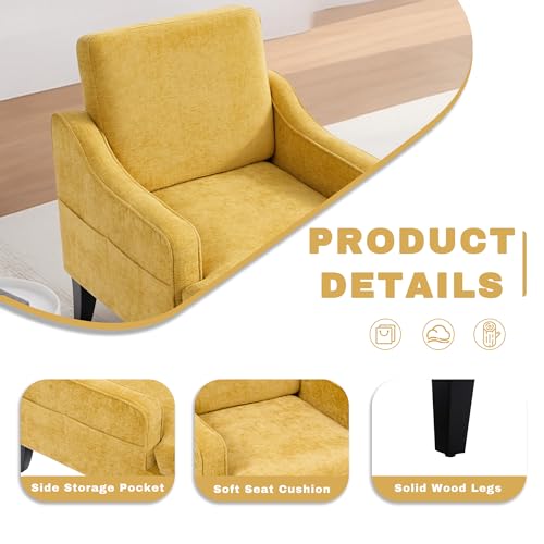 Accent Chair for Living Room,Mid-Century Arm Chair Chenille Fabric Living Room Chairs,Upholstered Reading Chair for Bedroom,Single Sofa Chair with Wood Legs for Apartment (Yellow) - color: Yellow