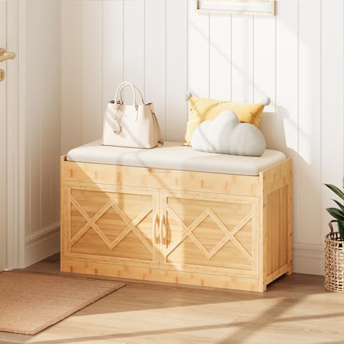 HOOBRO Shoe Bench, Shoe Storage Bench with Cushion, Bamboo Entryway Bench with Hidden Compartment, Storage Bench with Lift Top and 2 Door, for Living Room, Bedroom, Hallway, Beige and Natural YE60HX01