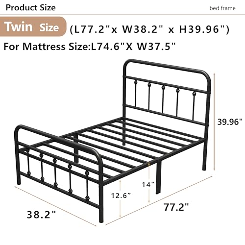 Vengarus Twin Metal Bed Frame with Victorian Headboard & Footboard, Black | 14" Twin Metal Platform Frame, Heavy Duty Steel Slat Support, Noise Free, No Box Spring Needed, Easy Disassembly & Transport - size: Twin